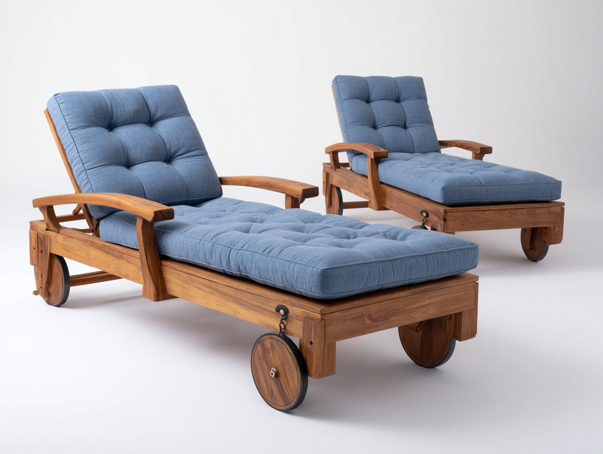 Sonnenliege aus Holz 200 x 70 x 80 cm - Braun Blau - Verstellbare Gartenliege mit Polsterung für Terrasse und Garten