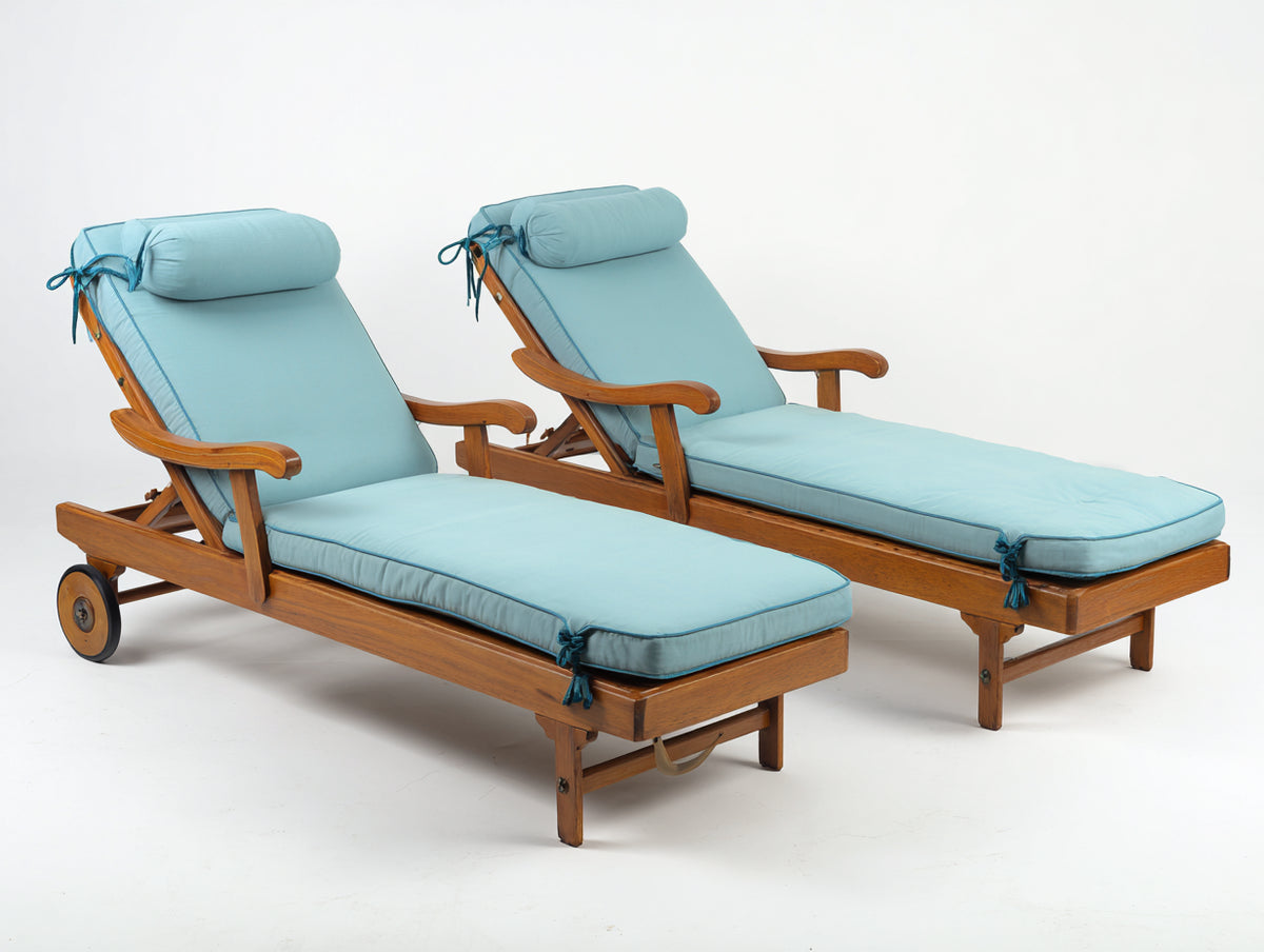 Sonnenliege aus Massivholz 200 x 70 x 95 cm - Braun-Hellblau - 2er-Set mit Rollen und verstellbarer Rückenlehne