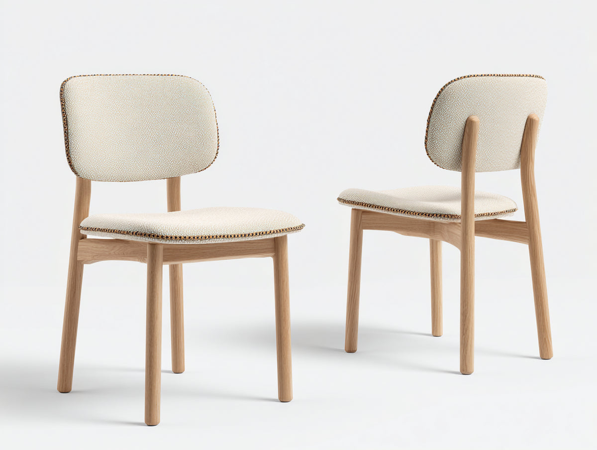 Esszimmerstühle aus Massivholz und Stoff 51x55x84 cm - Naturfarben-Cremeweiß - Zweier-Set mit gepolstertem Sitz und abgerundeter Rückenlehne im modernen Naturstil für Esszimmer und Küche