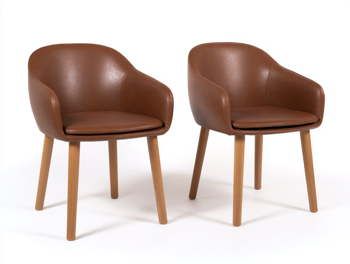 Esszimmerstühle 2er-Set mit Kunstlederbezug 60x58x82 cm Cognac-Natur mit Armlehnen und Holzbeinen
