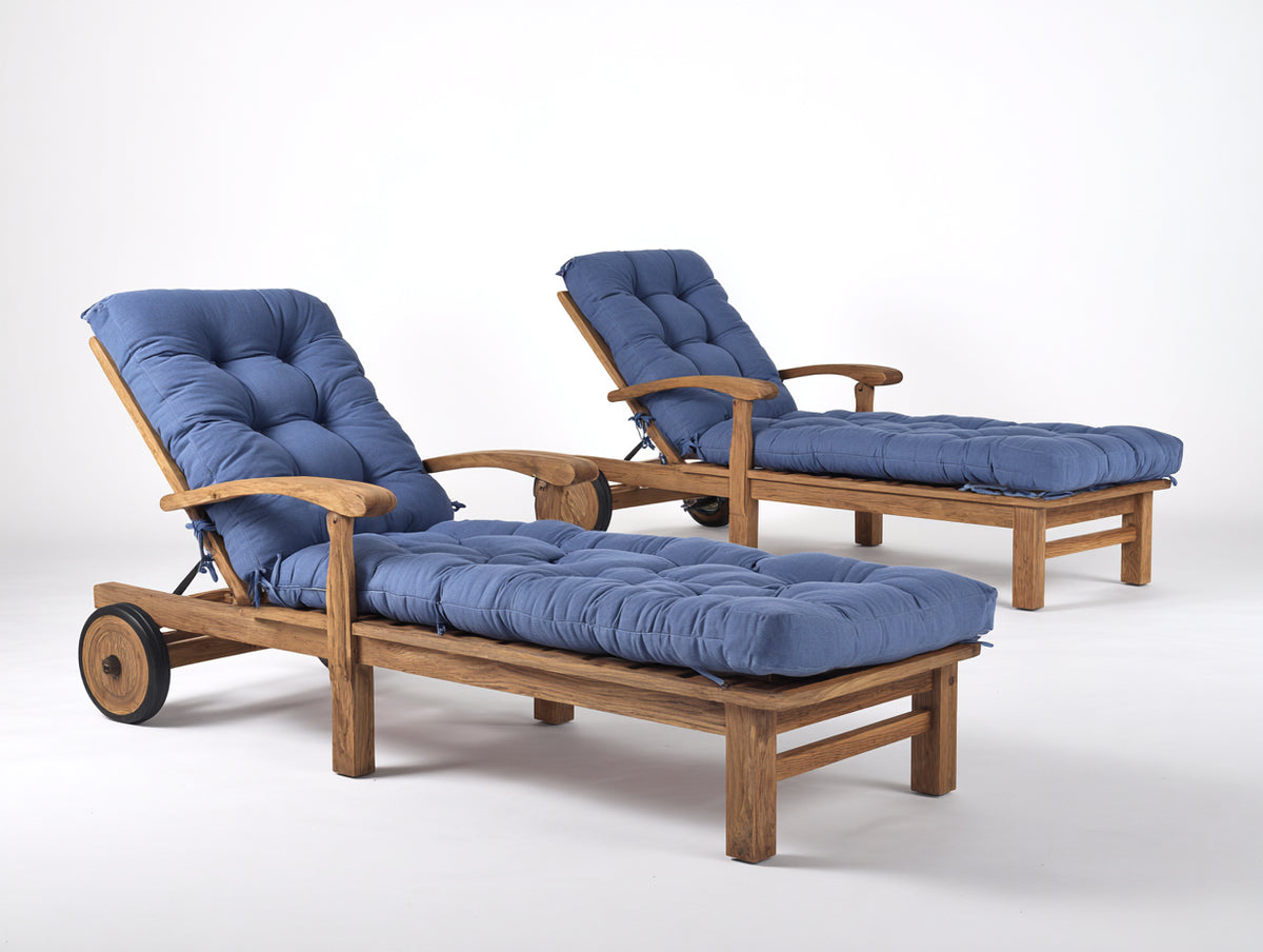 2er Set Sonnenliege aus Massivholz mit verstellbarer Rückenlehne 198x72x95 cm - Naturbraun-Blau - Mit Rollen für Garten und Terrasse