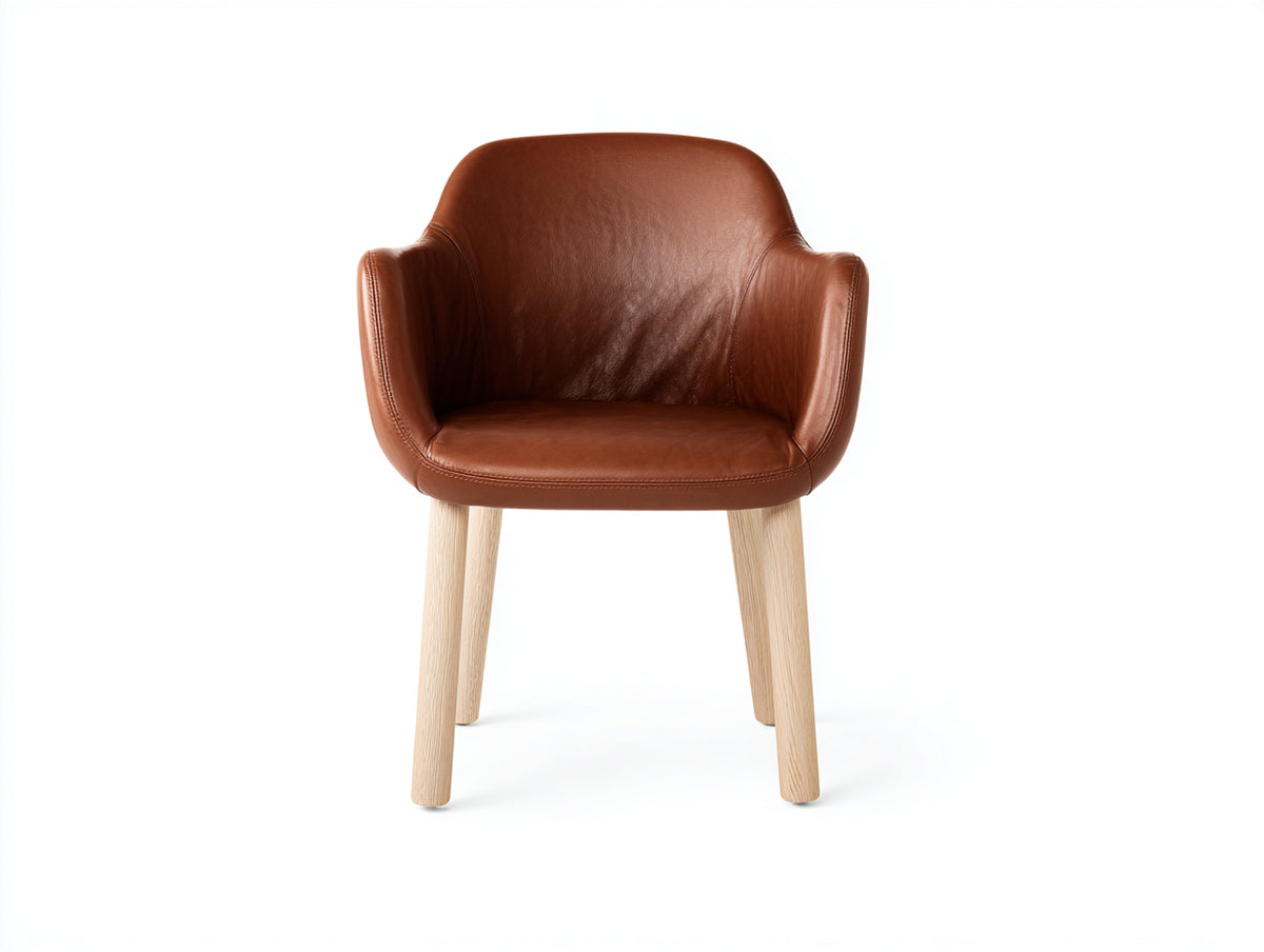 Esszimmerstühle aus Massivholz und Kunstleder 60x62x83 cm - Cognacbraun-Naturfarben - Gepolsterter Armlehnstuhl mit geschwungener Sitzschale im modernen Stil für Esszimmer und Küche