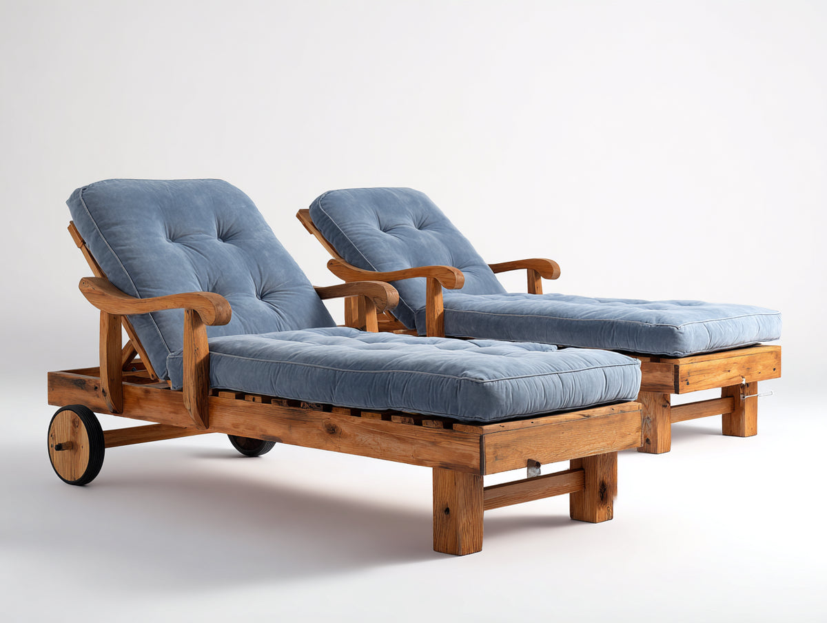 2er Set Sonnenliege aus Massivholz mit verstellbarer Rückenlehne 201x74x94 cm - Naturbraun-Hellblau - Mit Rollen für Garten und Terrasse