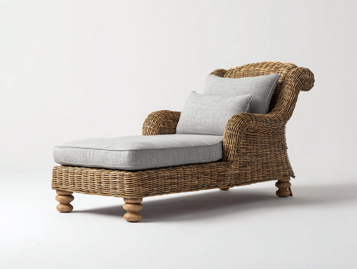 Sonnenliege aus Polyrattan mit gepolsterter Liegefläche 174x82x96 cm - Naturbraun-Hellgrau - Klassisches Design für Garten und Terrasse