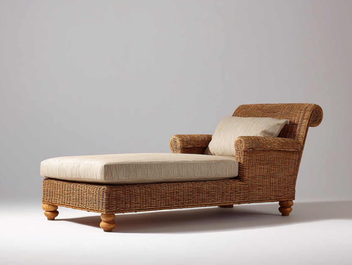 Sonnenliege aus Polyrattan 180x75x88 cm - Naturbraun und Creme - Geschwungene Rückenlehne mit Armlehnen